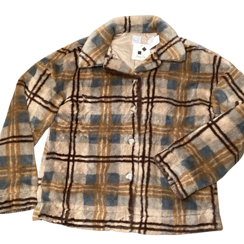 Cozy Co by Cozy Casual Plaid Bunny Soft Faux Fur Shacket,‎ Large NWT